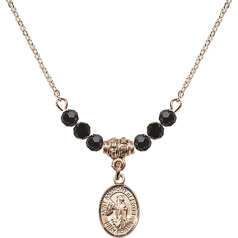 14kt Gold Filled Saint Anthony of Egypt Birthstone Necklace with Jet Beads - 9317