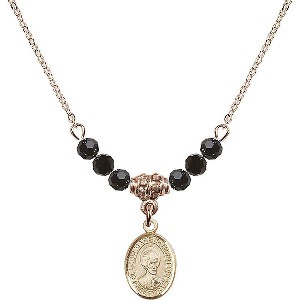 14kt Gold Filled Saint Louis Marie de Montfort Birthstone Necklace with Jet Beads - 9330