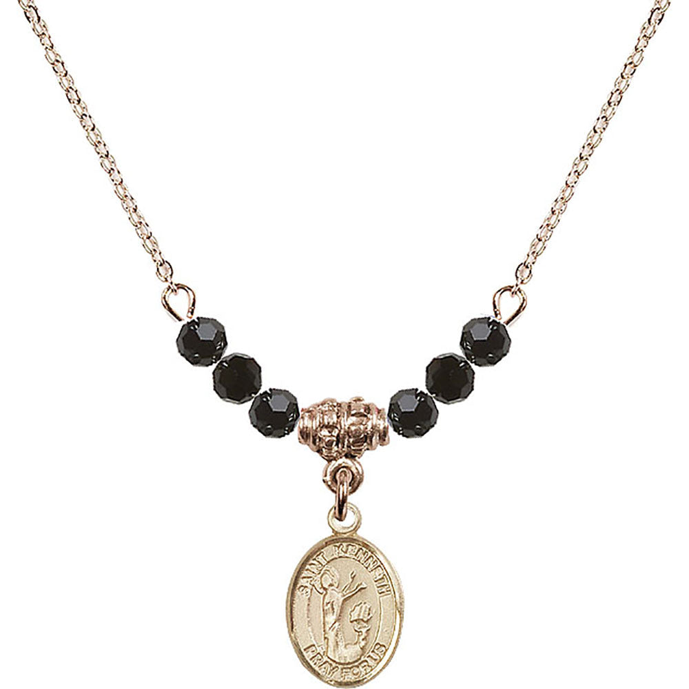 14kt Gold Filled Saint Kenneth Birthstone Necklace with Jet Beads - 9332