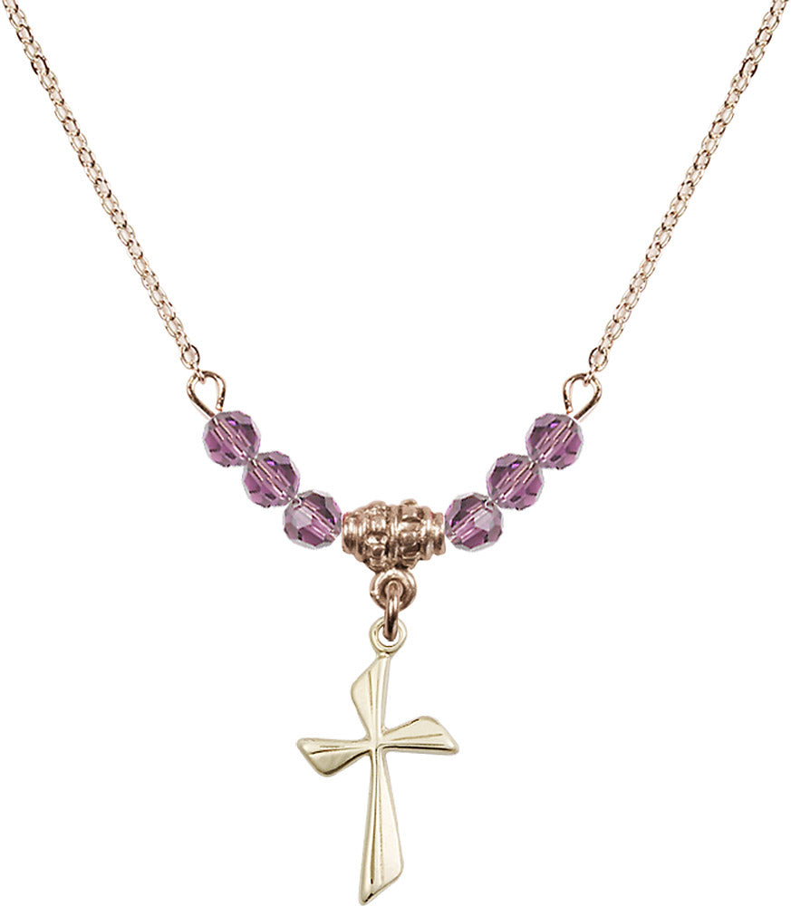 14kt Gold Filled Cross Birthstone Necklace with Light Amethyst Beads - 0016