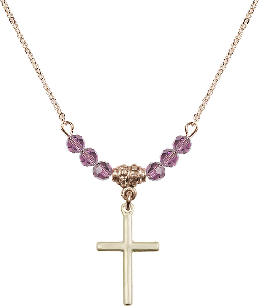 14kt Gold Filled Cross Birthstone Necklace with Light Amethyst Beads - 0017