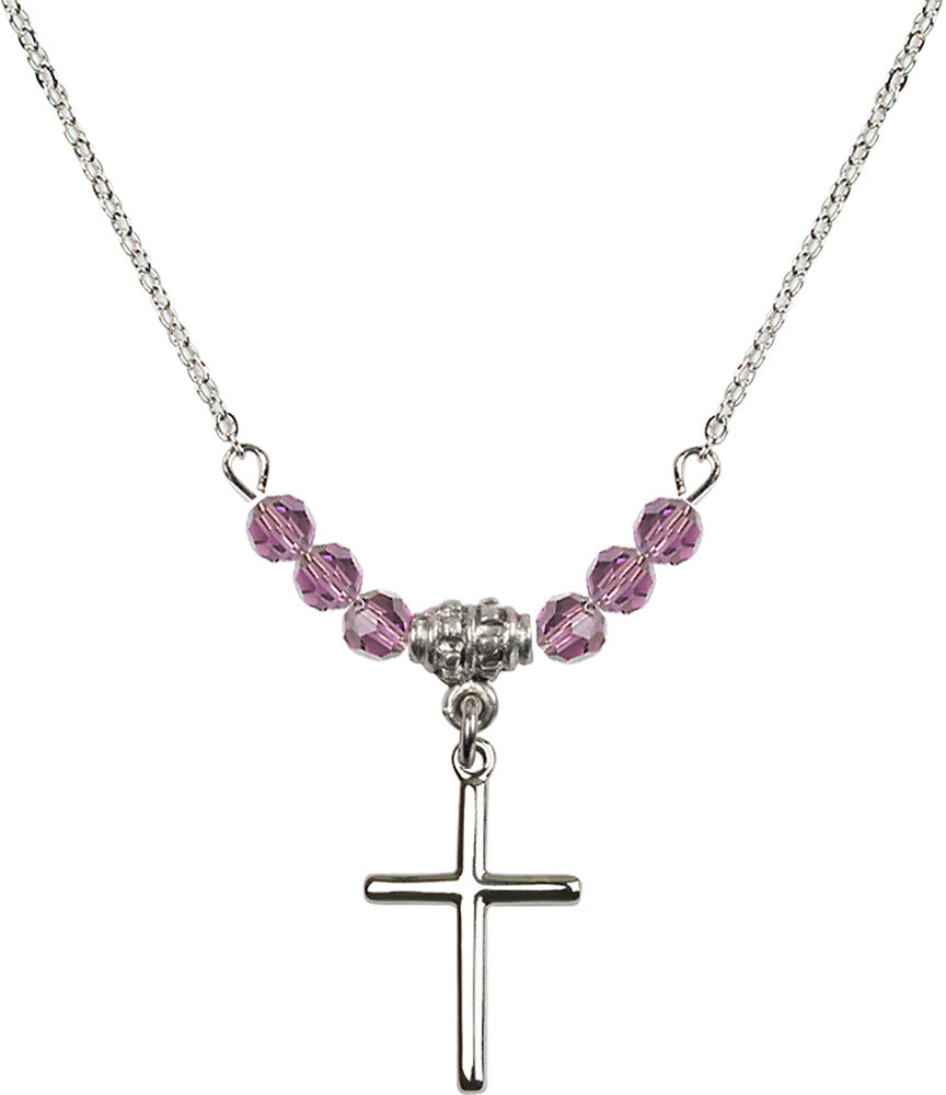 Sterling Silver Cross Birthstone Necklace with Light Amethyst Beads - 0017