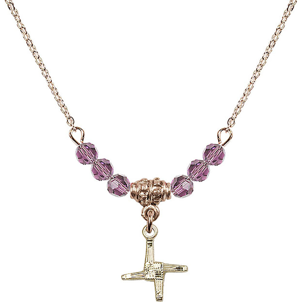 14kt Gold Filled Saint Brigid Cross Birthstone Necklace with Light Amethyst Beads - 0291