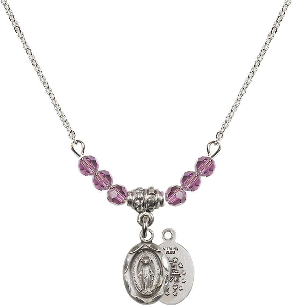 Sterling Silver Miraculous Birthstone Necklace with Light Amethyst Beads - 0301
