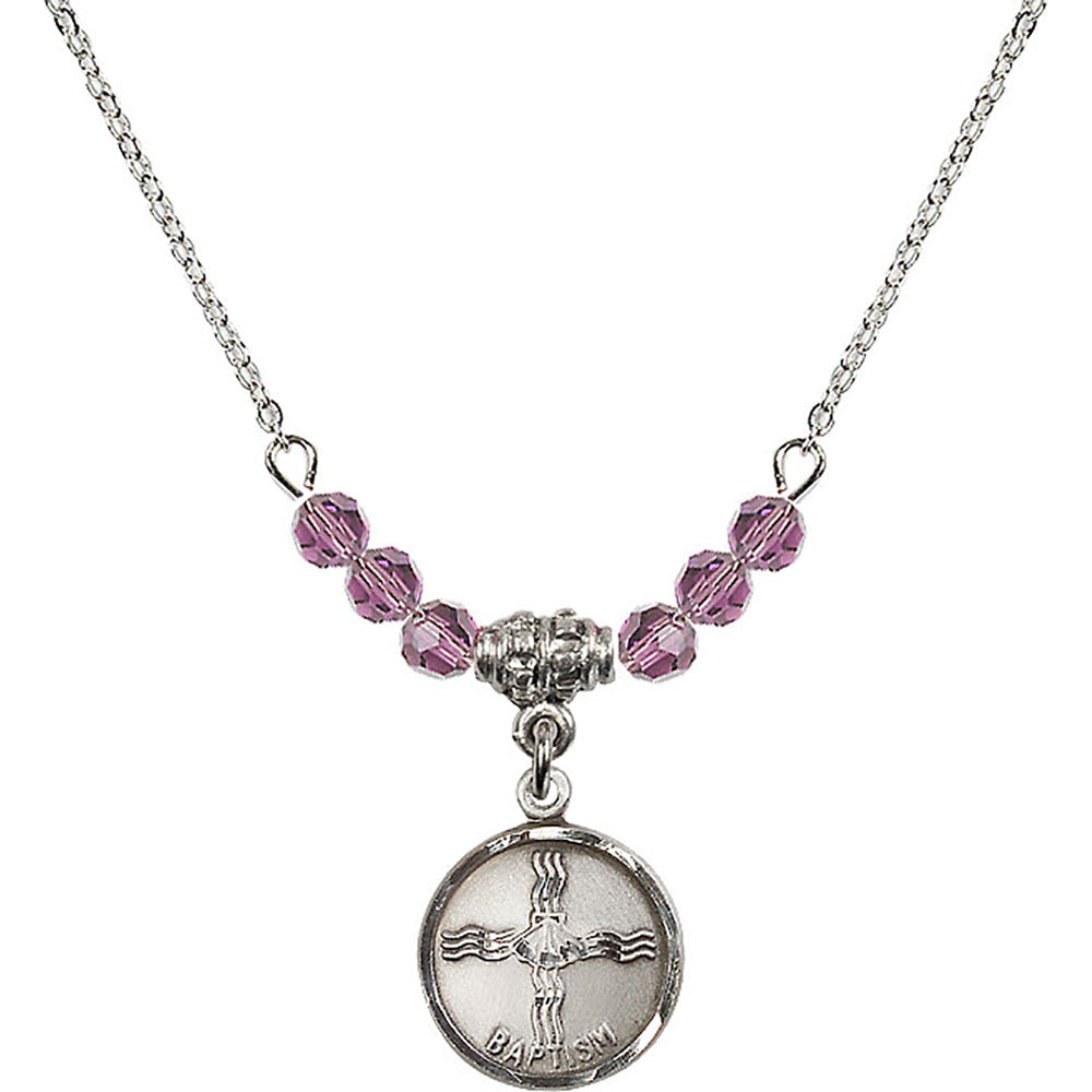 Sterling Silver Baptism Birthstone Necklace with Light Amethyst Beads - 0601