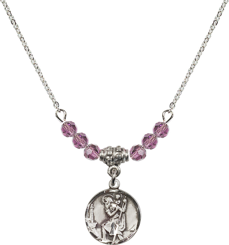 Sterling Silver Saint Christopher Birthstone Necklace with Light Amethyst Beads - 0601
