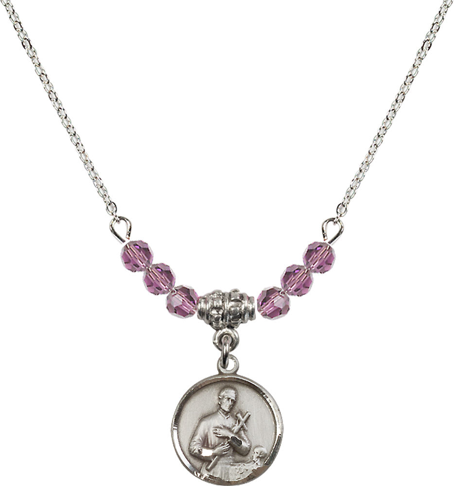 Sterling Silver Saint Gerard Birthstone Necklace with Light Amethyst Beads - 0601