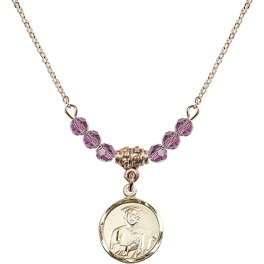 14kt Gold Filled Saint Jude Birthstone Necklace with Light Amethyst Beads - 0601