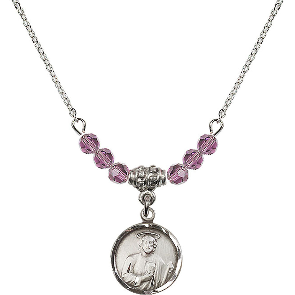 Sterling Silver Saint Jude Birthstone Necklace with Light Amethyst Beads - 0601