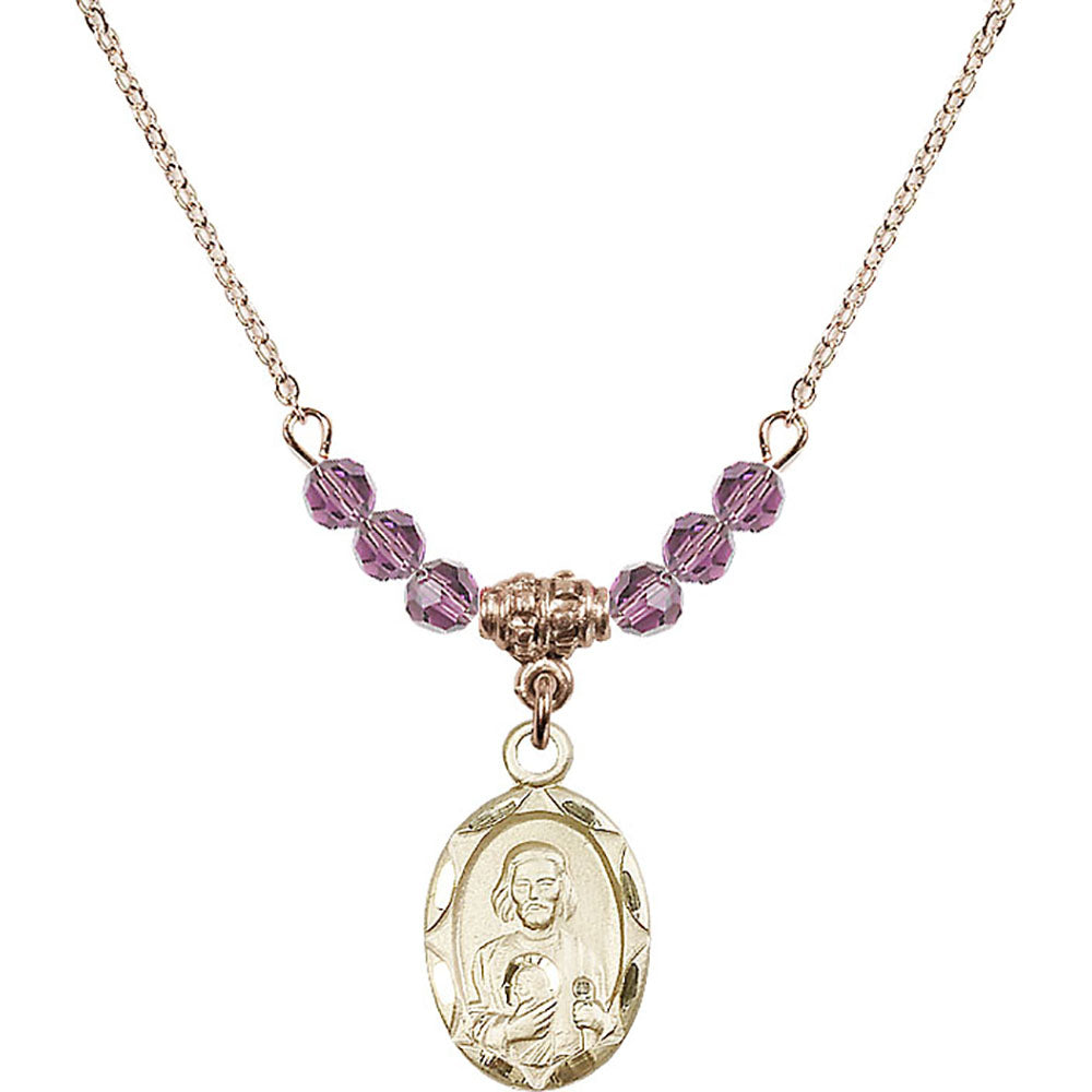 14kt Gold Filled Saint Jude Birthstone Necklace with Light Amethyst Beads - 0612