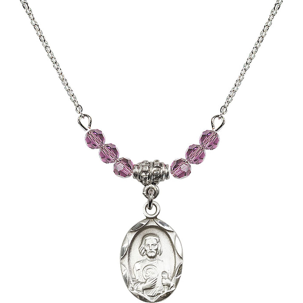 Sterling Silver Saint Jude Birthstone Necklace with Light Amethyst Beads - 0612