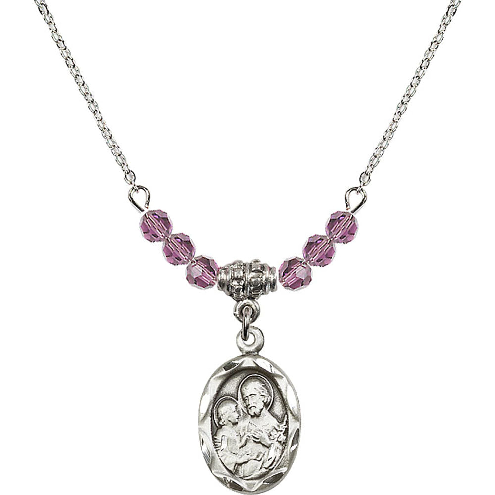 Sterling Silver Saint Joseph Birthstone Necklace with Light Amethyst Beads - 0612