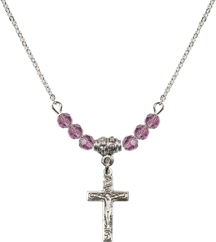 Sterling Silver Crucifix Birthstone Necklace with Light Amethyst Beads - 0672