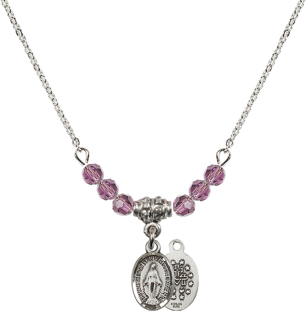 Sterling Silver Miraculous Birthstone Necklace with Light Amethyst Beads - 0702