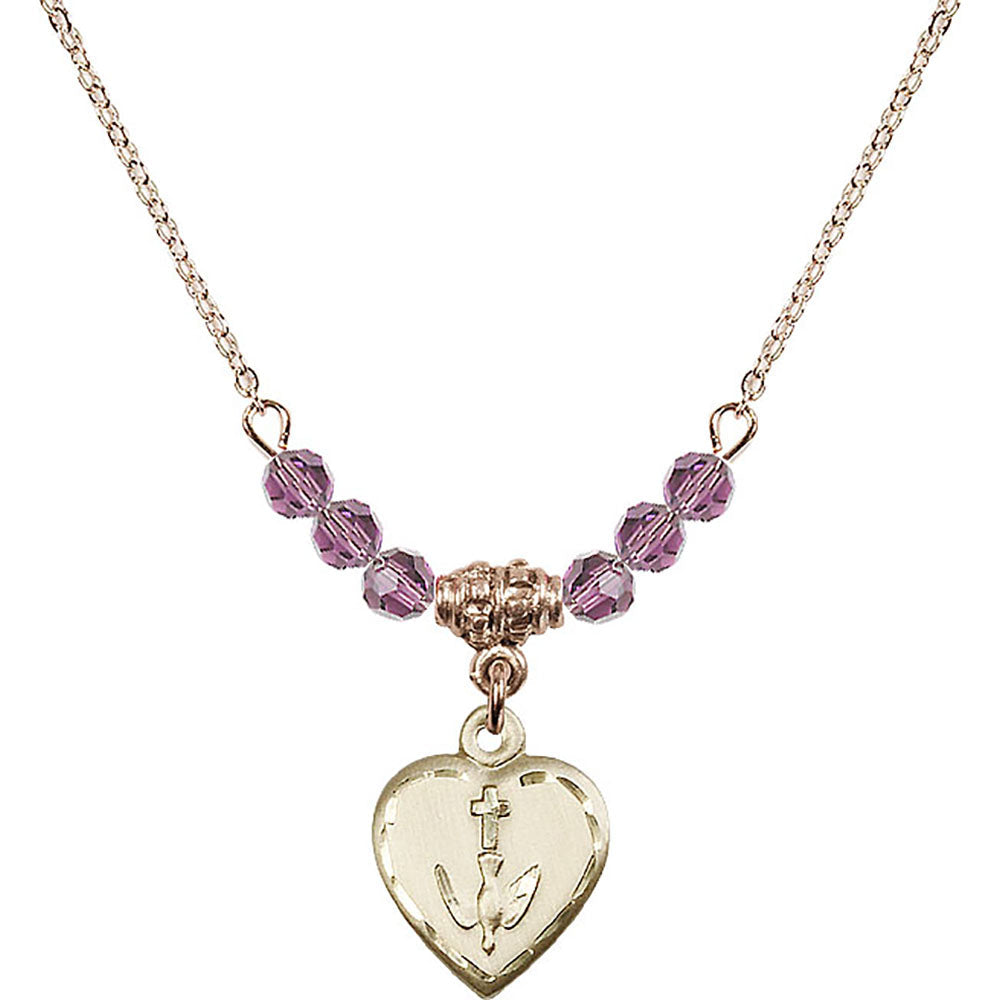 14kt Gold Filled Heart / Confirmation Birthstone Necklace with Light Amethyst Beads - 0891