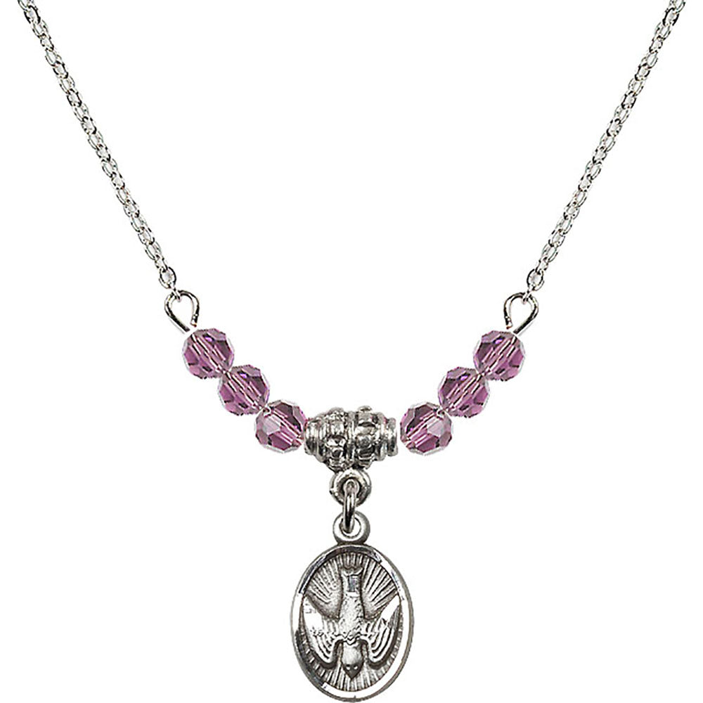 Sterling Silver Holy Spirit Birthstone Necklace with Light Amethyst Beads - 0982