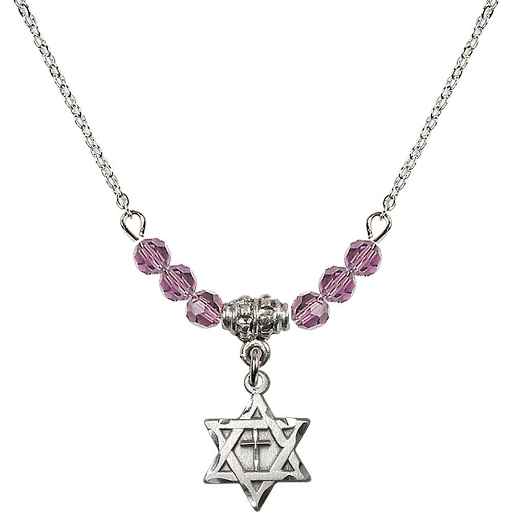 Sterling Silver Star of David w/ Cross Birthstone Necklace with Light Amethyst Beads - 1211