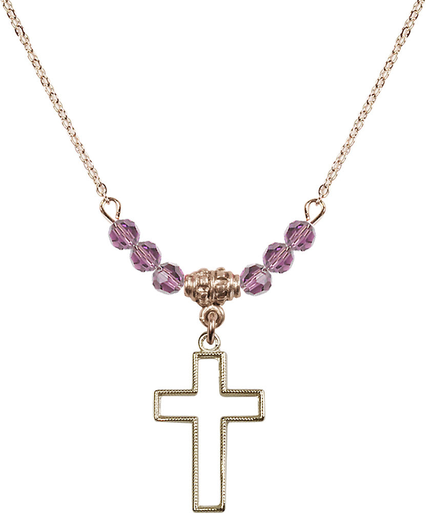 14kt Gold Filled Cross Birthstone Necklace with Light Amethyst Beads - 1708