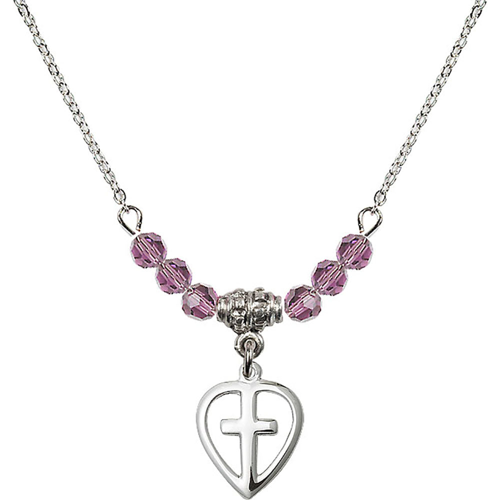 Sterling Silver Heart / Cross Birthstone Necklace with Light Amethyst Beads - 1709