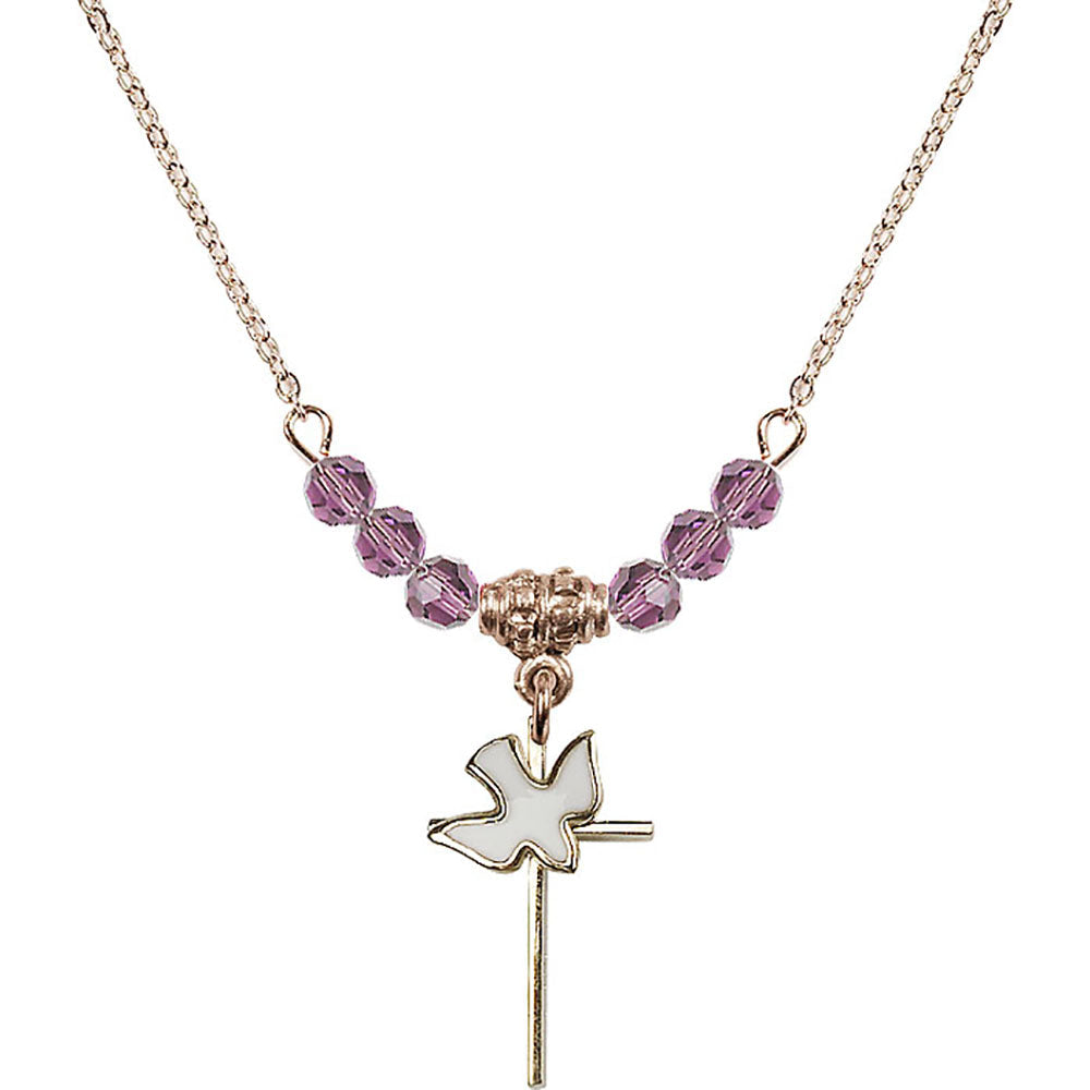 14kt Gold Filled Cross / Holy Spirit Birthstone Necklace with Light Amethyst Beads - 1812