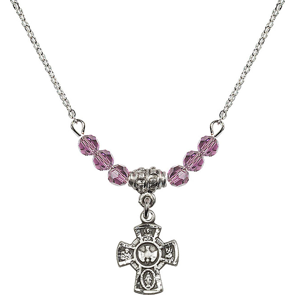 Sterling Silver 5-Way Birthstone Necklace with Light Amethyst Beads - 3145