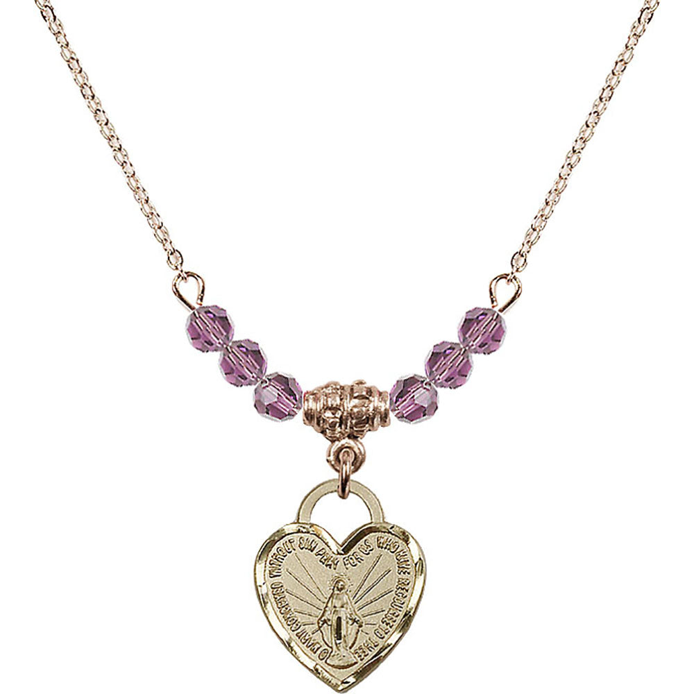 14kt Gold Filled Miraculous Heart Birthstone Necklace with Light Amethyst Beads - 3401