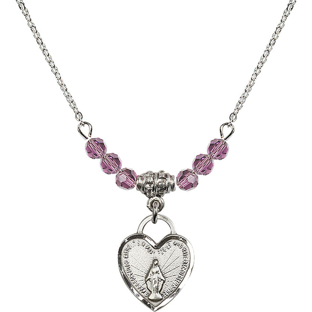 Sterling Silver Miraculous Heart Birthstone Necklace with Light Amethyst Beads - 3401