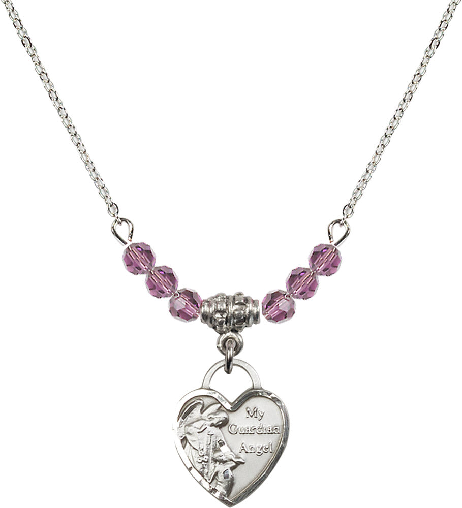Sterling Silver Guardian Angel Heart Birthstone Necklace with Light Amethyst Beads - 3402