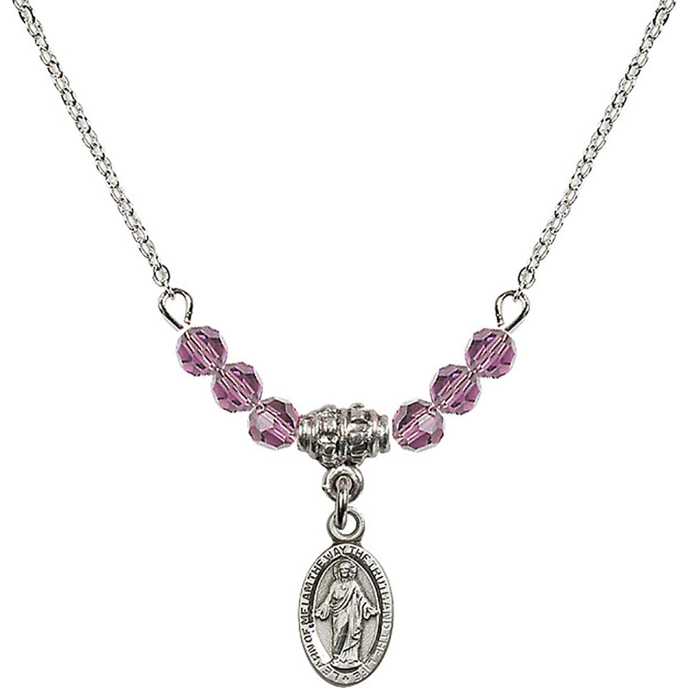 Sterling Silver Scapular Birthstone Necklace with Light Amethyst Beads - 4121