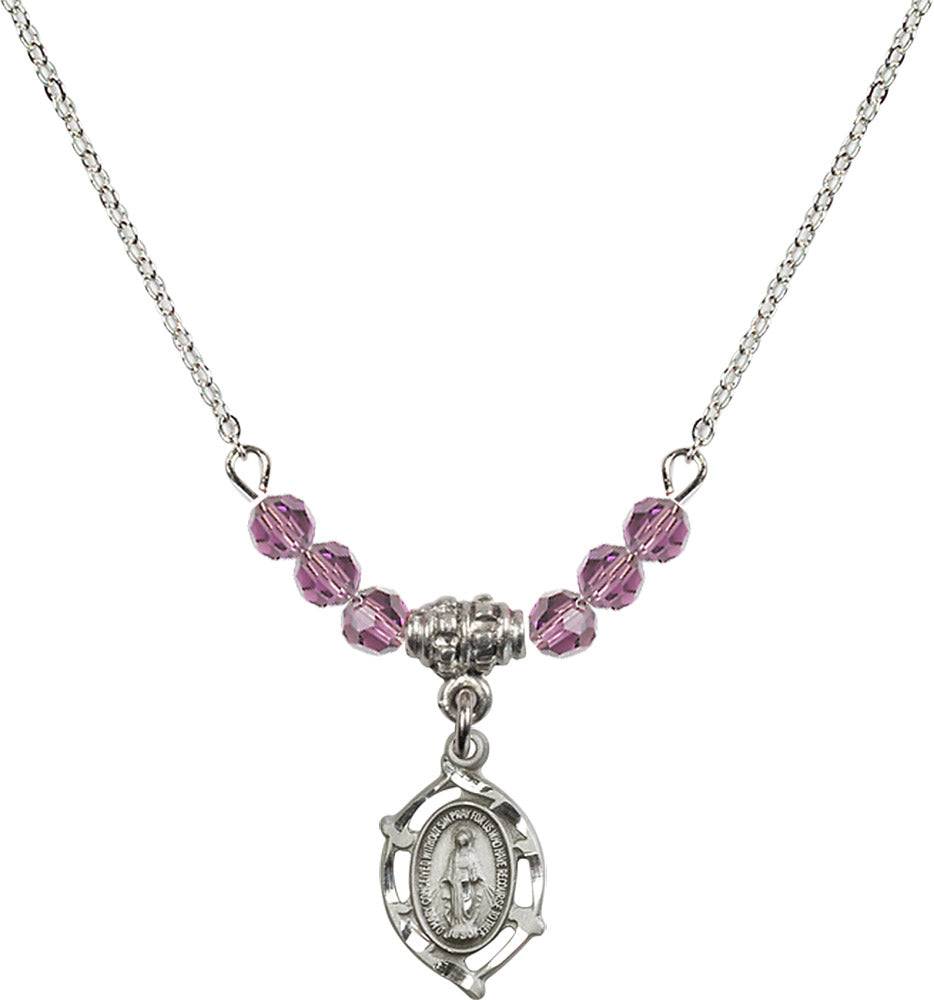 Sterling Silver Miraculous Birthstone Necklace with Light Amethyst Beads - 4152