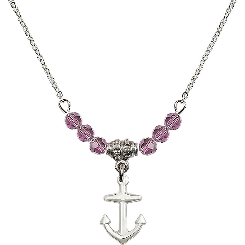 Sterling Silver Anchor Birthstone Necklace with Light Amethyst Beads - 4158