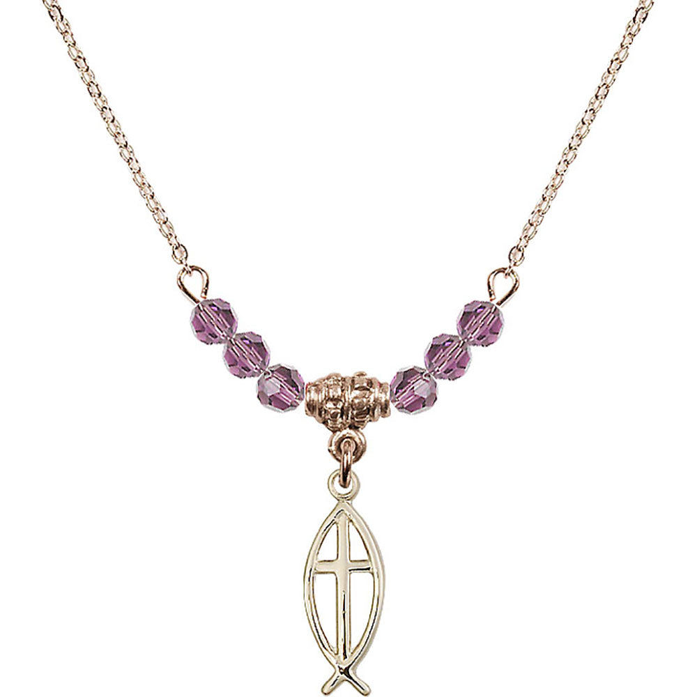 14kt Gold Filled Fish / Cross Birthstone Necklace with Light Amethyst Beads - 4251