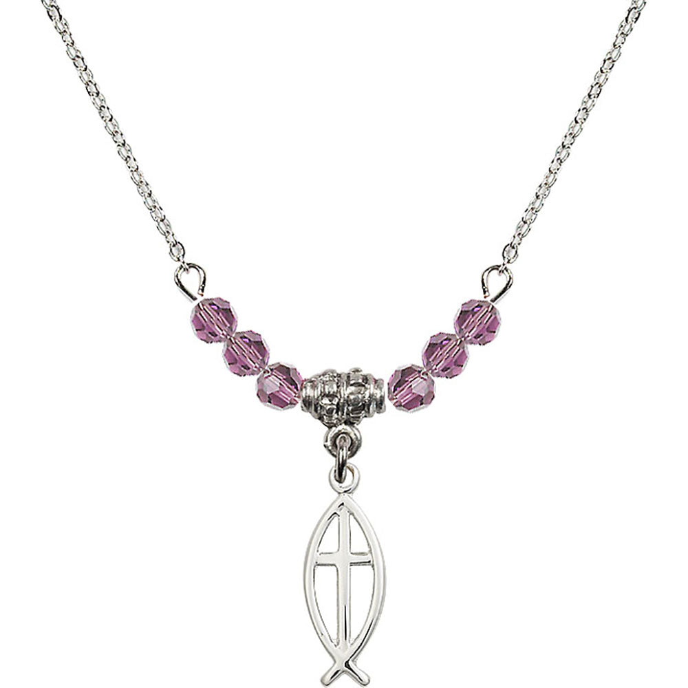 Sterling Silver Fish / Cross Birthstone Necklace with Light Amethyst Beads - 4251