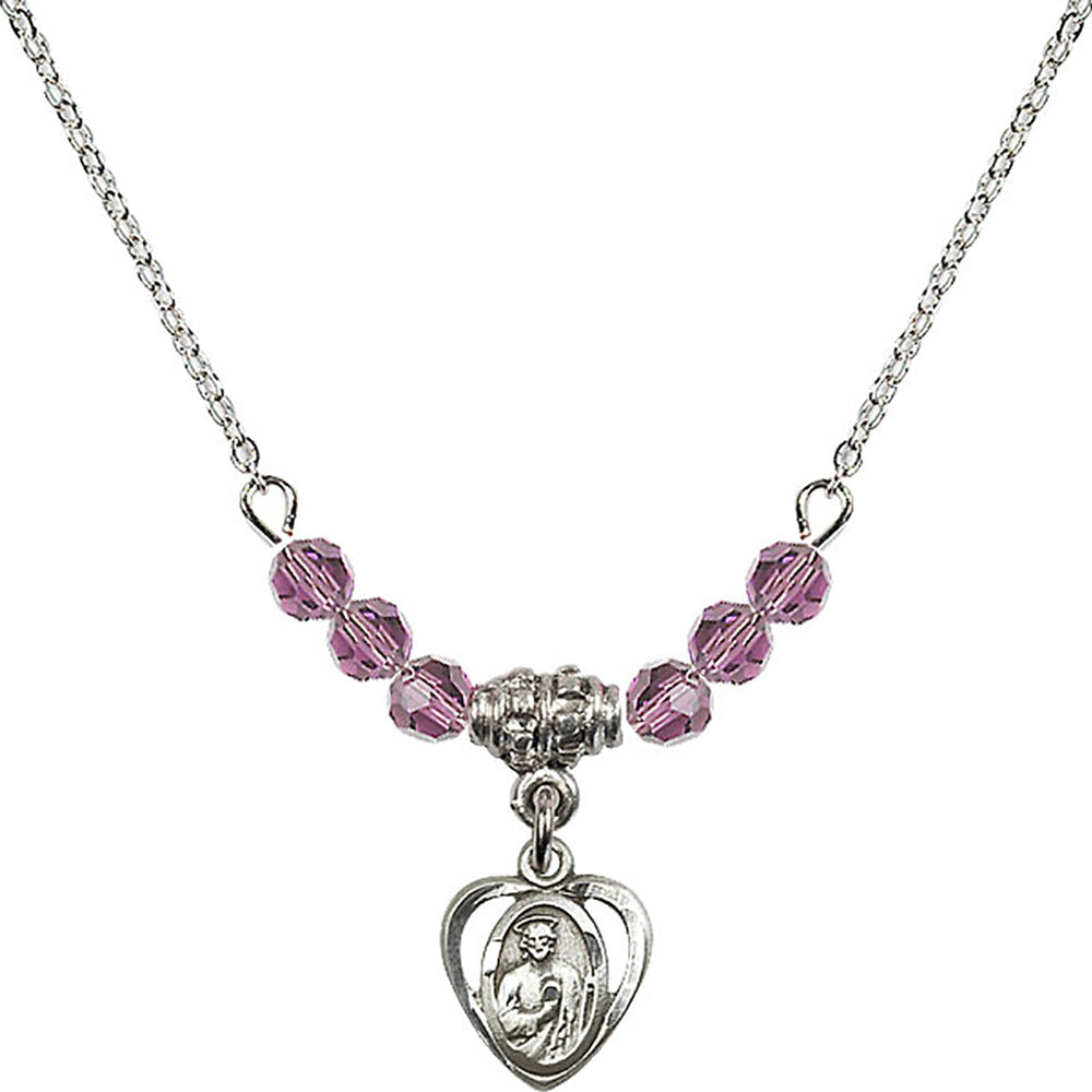 Sterling Silver Saint Jude Birthstone Necklace with Light Amethyst Beads - 5404