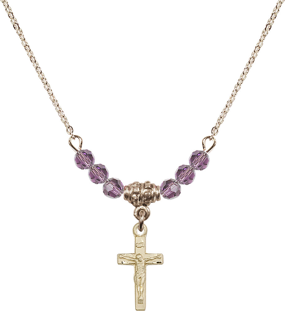14kt Gold Filled Crucifix Birthstone Necklace with Light Amethyst Beads - 5417