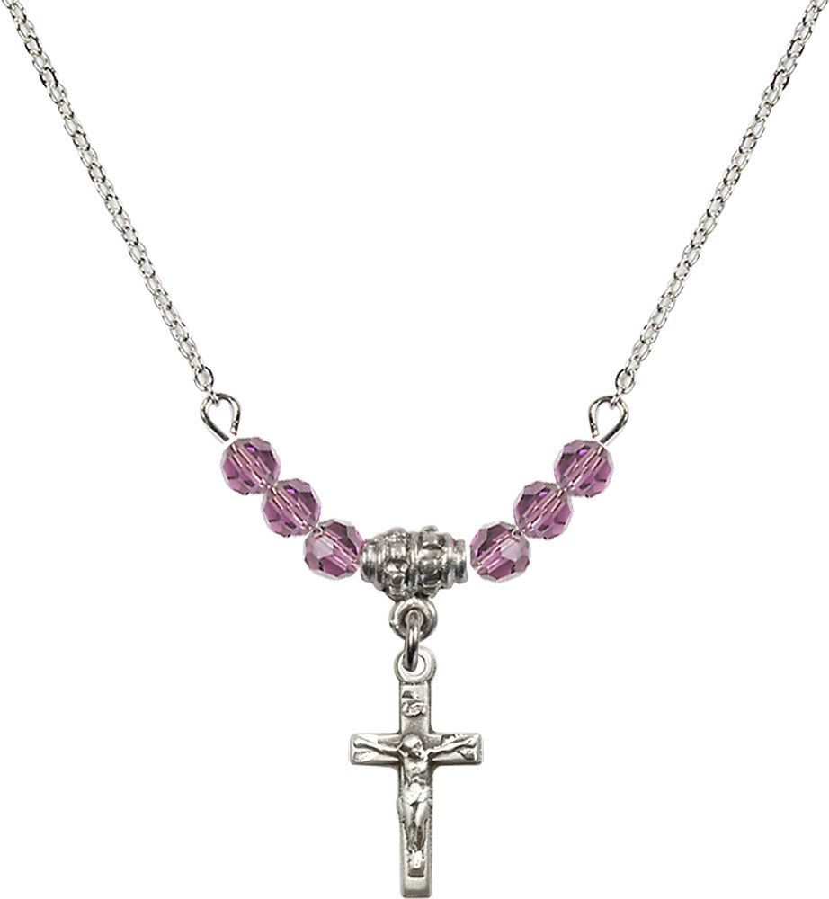 Sterling Silver Crucifix Birthstone Necklace with Light Amethyst Beads - 5417