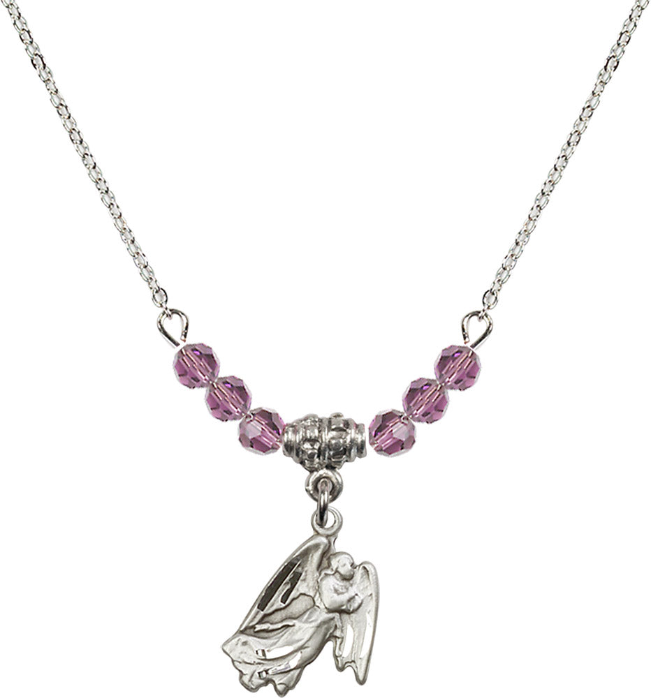 Sterling Silver Guardian Angel Birthstone Necklace with Light Amethyst Beads - 5642