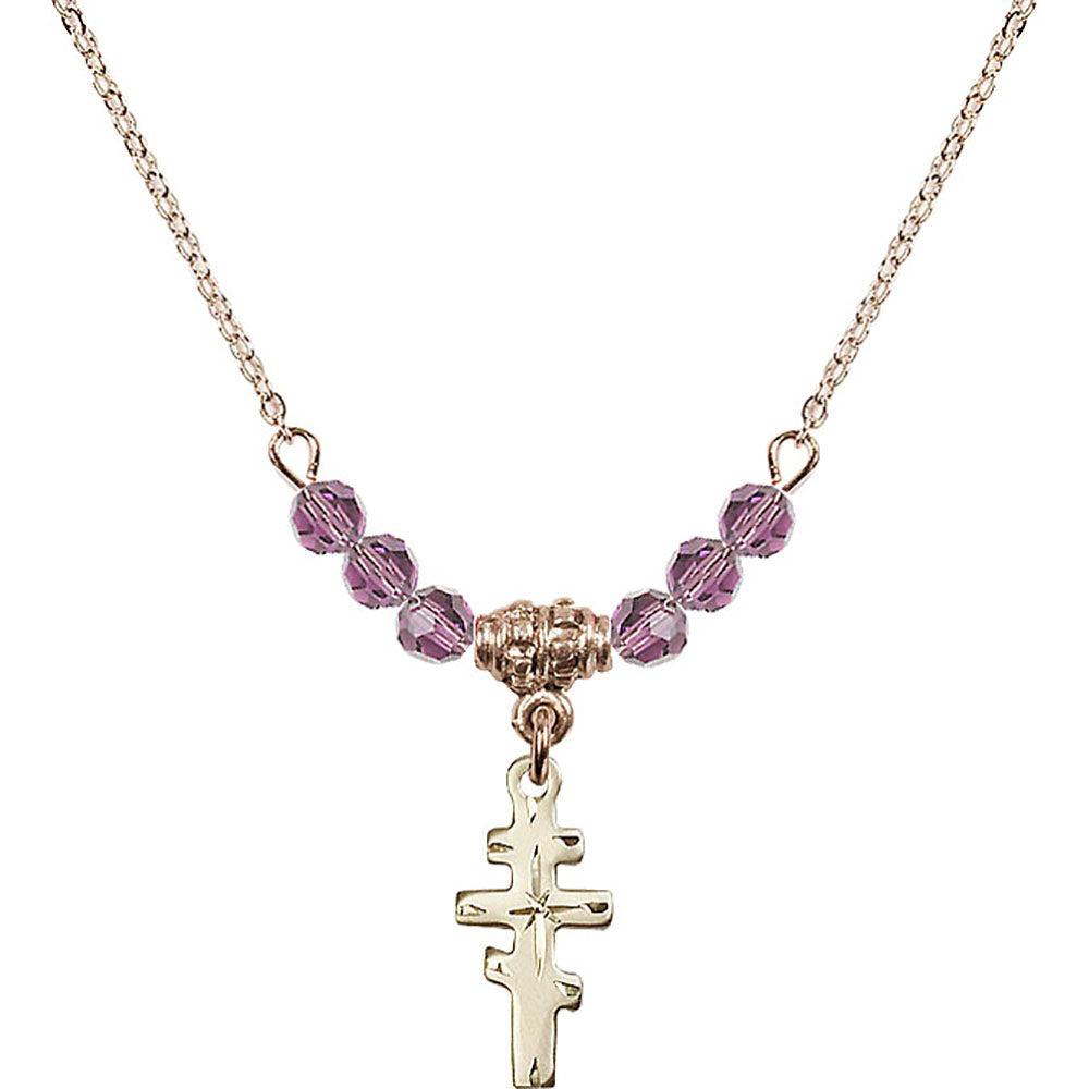 14kt Gold Filled Greek Orthadox Cross Birthstone Necklace with Light Amethyst Beads - 5654