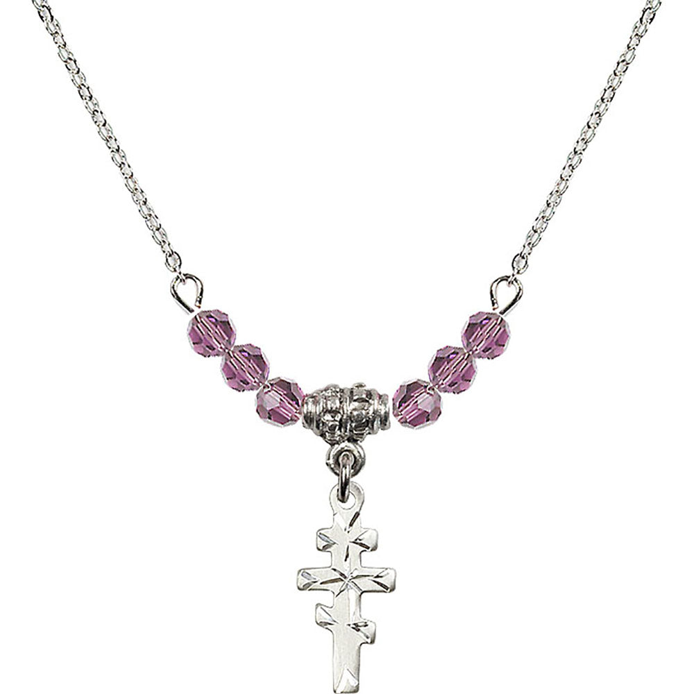 Sterling Silver Greek Orthadox Cross Birthstone Necklace with Light Amethyst Beads - 5654