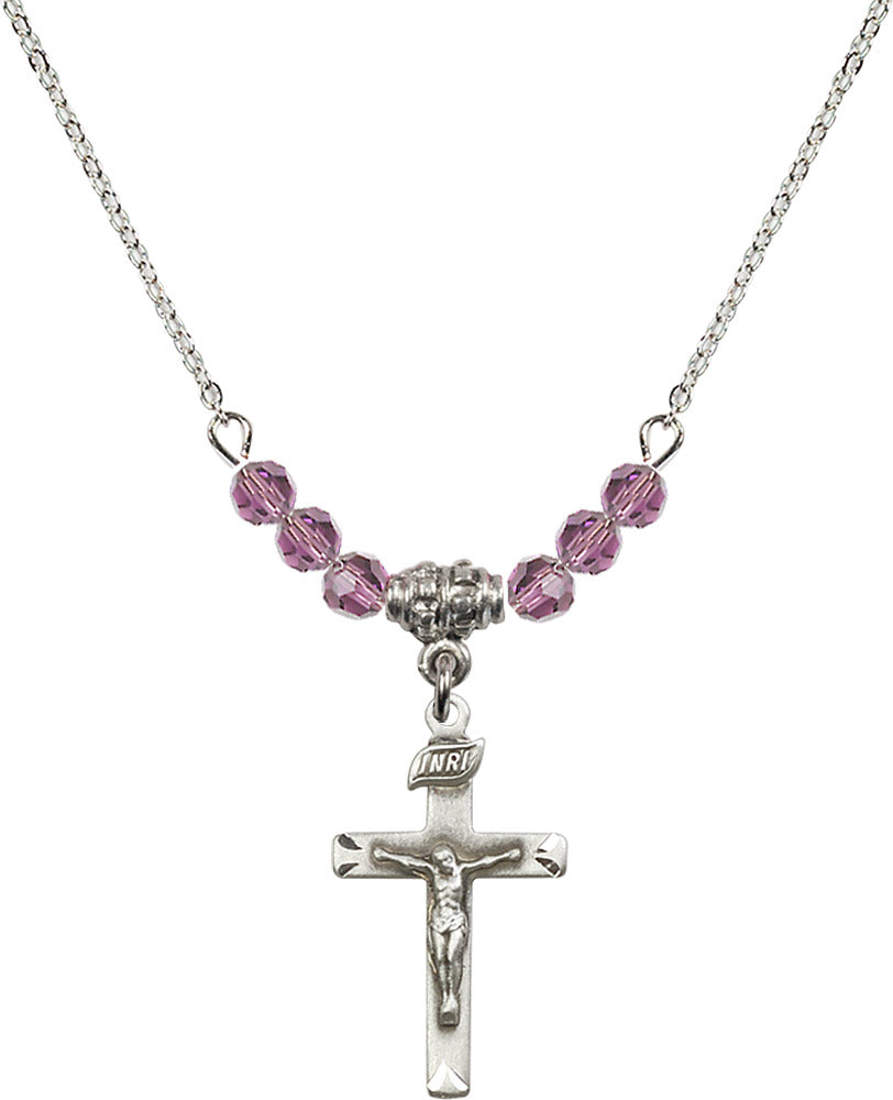 Sterling Silver Crucifix Birthstone Necklace with Light Amethyst Beads - 5668
