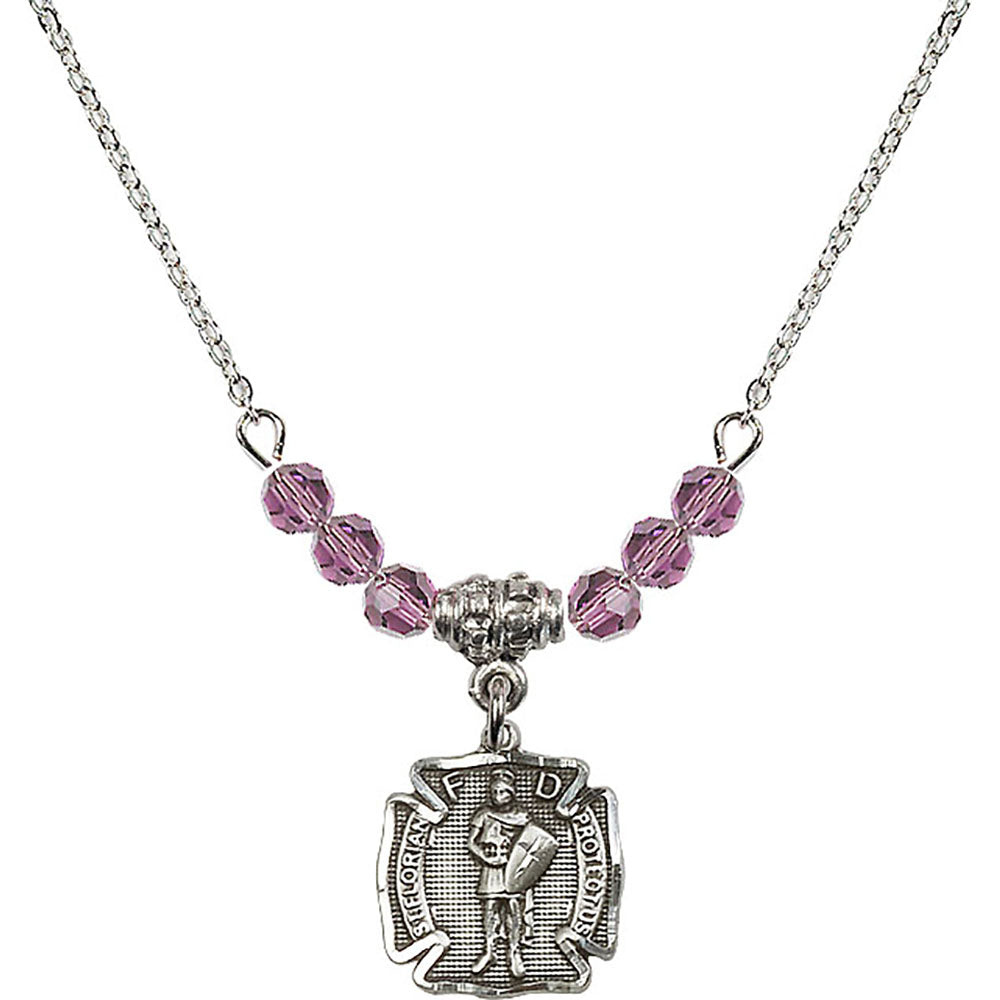 Sterling Silver Saint Florian Birthstone Necklace with Light Amethyst Beads - 5686