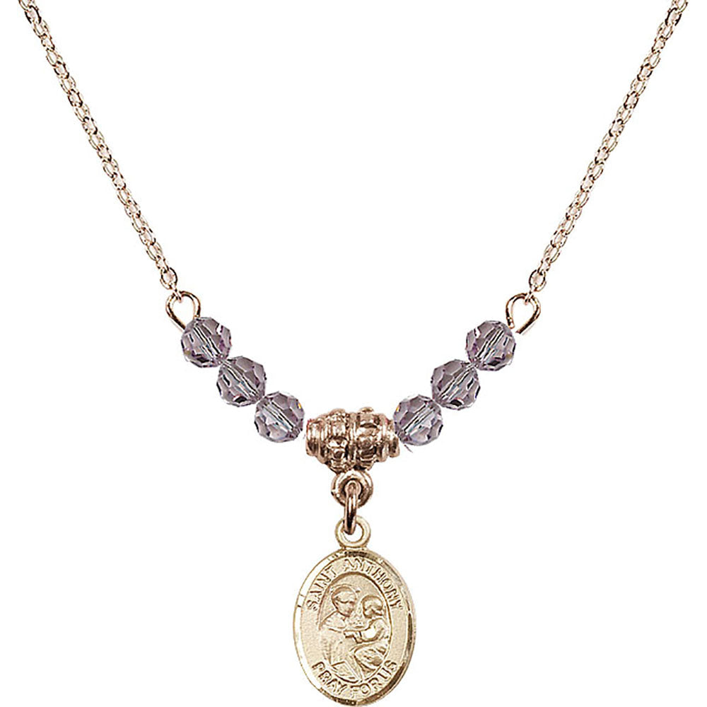 14kt Gold Filled Saint Anthony of Padua Birthstone Necklace with Light Amethyst Beads - 9004