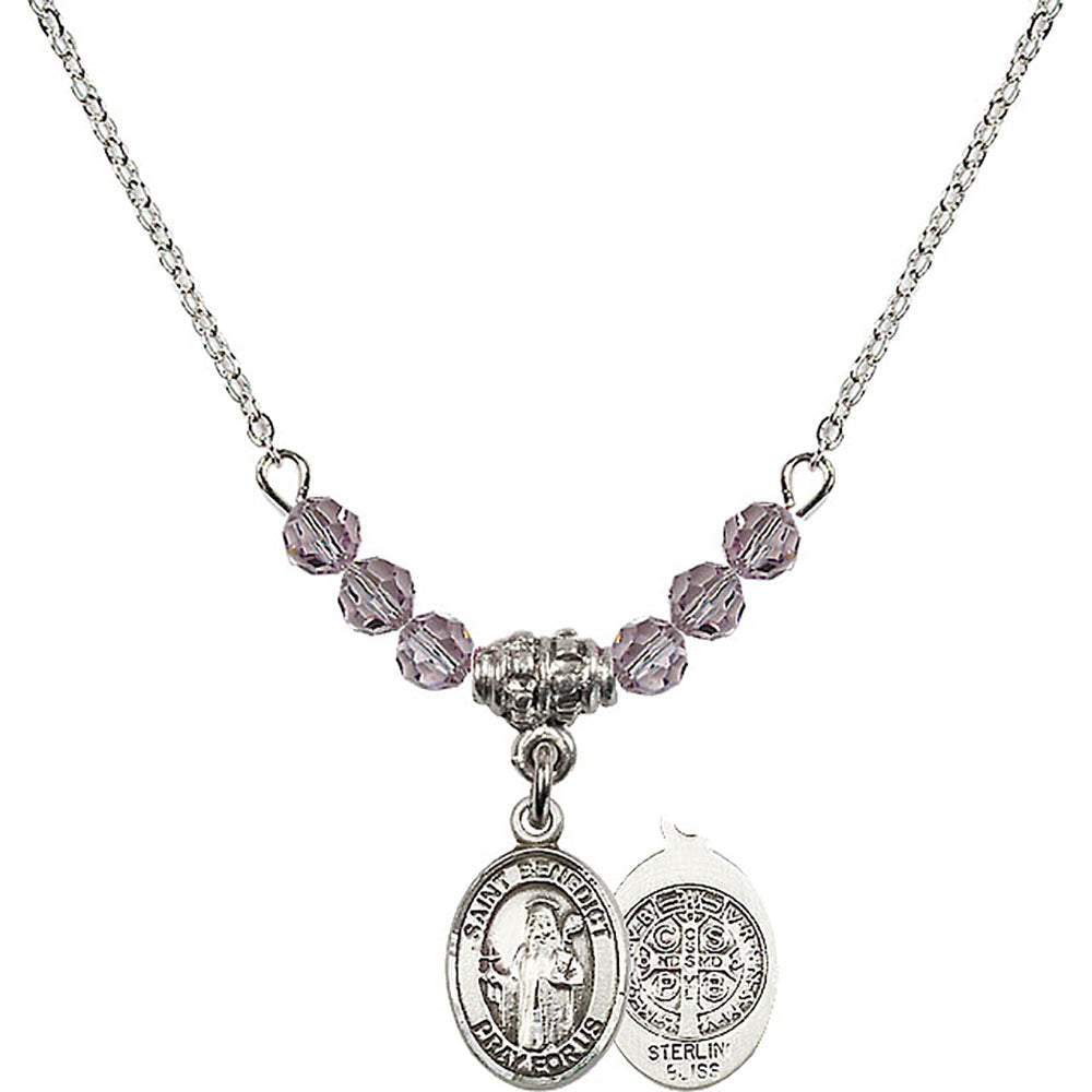 Sterling Silver Saint Benedict Birthstone Necklace with Light Amethyst Beads - 9008
