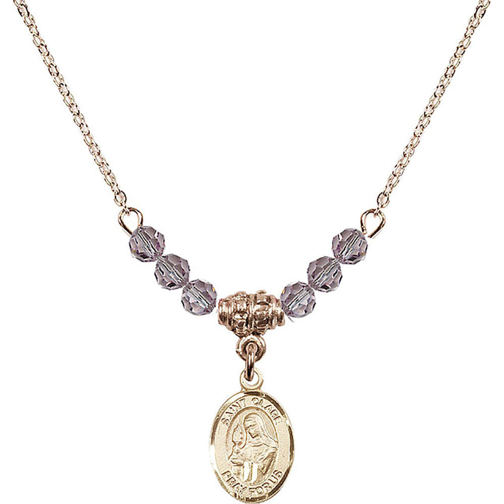 14kt Gold Filled Saint Clare of Assisi Birthstone Necklace with Light Amethyst Beads - 9028