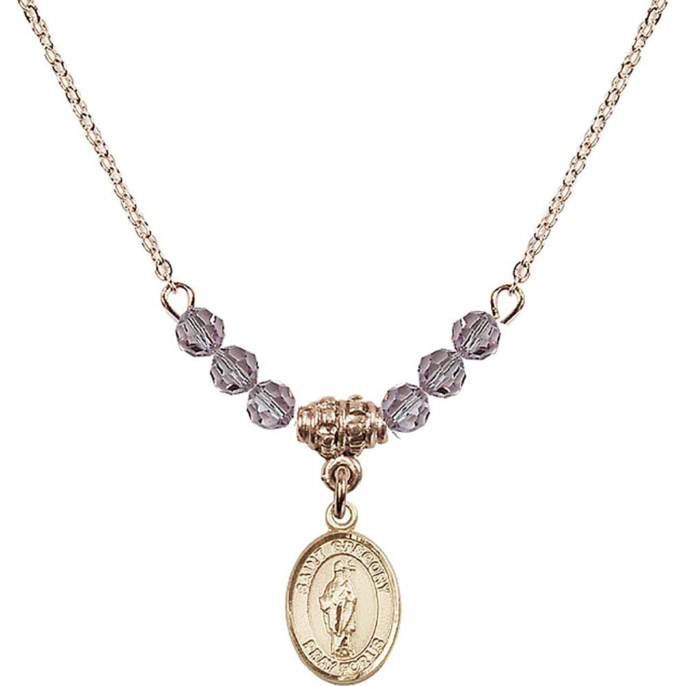 14kt Gold Filled Saint Gregory the Great Birthstone Necklace with Light Amethyst Beads - 9048