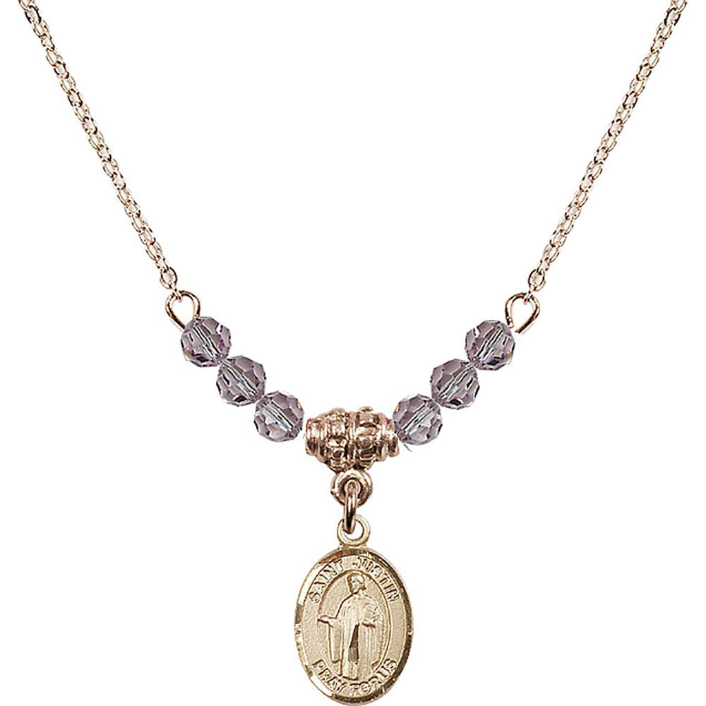 14kt Gold Filled Saint Justin Birthstone Necklace with Light Amethyst Beads - 9052