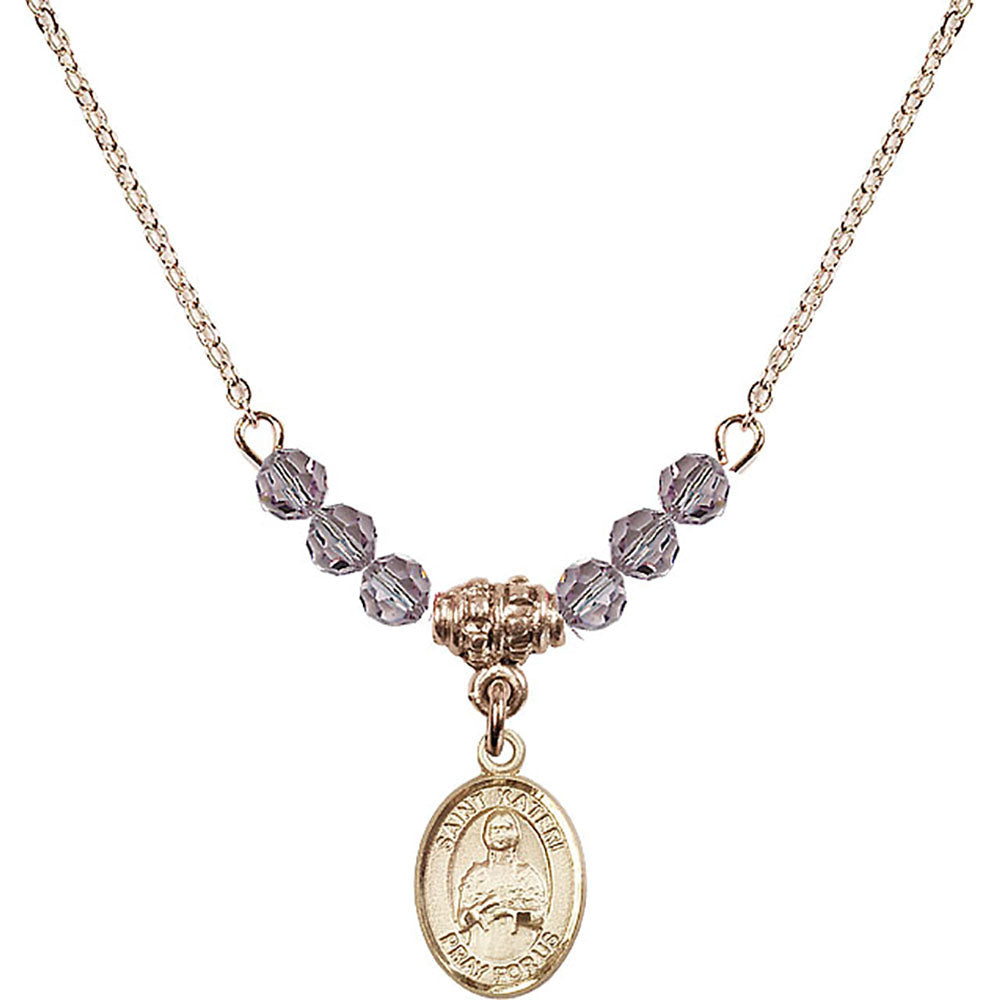 14kt Gold Filled Saint Kateri Tekakwitha Birthstone Necklace with Light Amethyst Beads - 9061