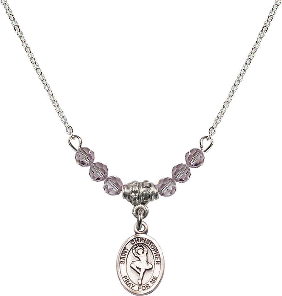 Sterling Silver Saint Christopher/Dance Birthstone Necklace with Light Amethyst Beads - 9143
