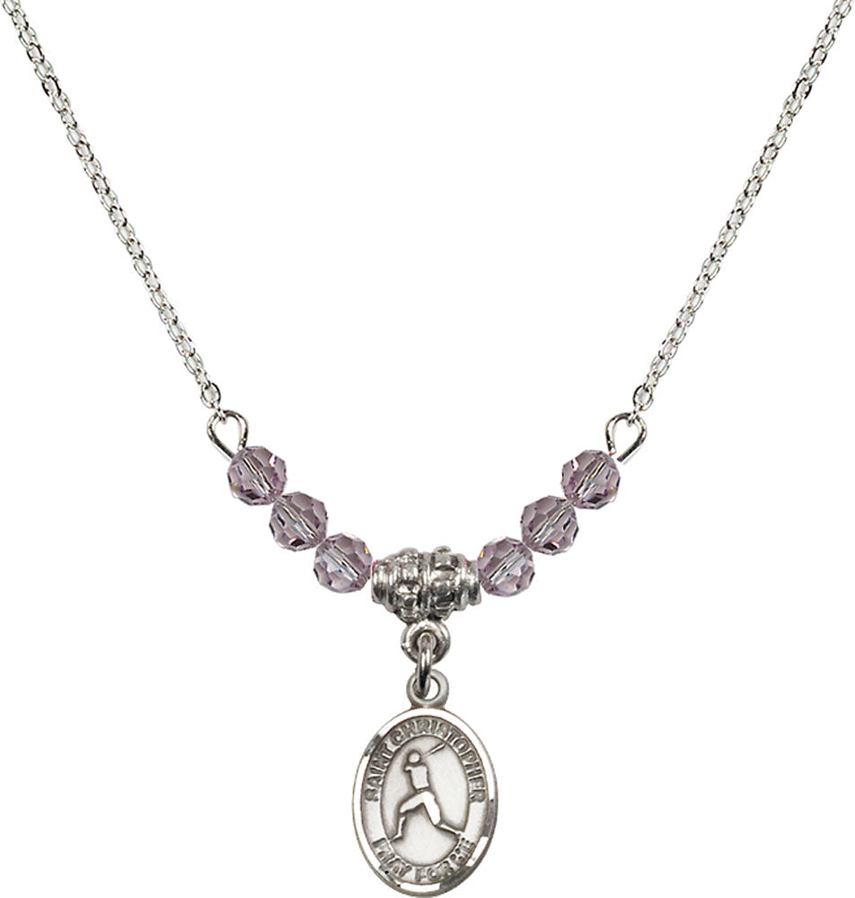 Sterling Silver Saint Christopher/Baseball Birthstone Necklace with Light Amethyst Beads - 9150