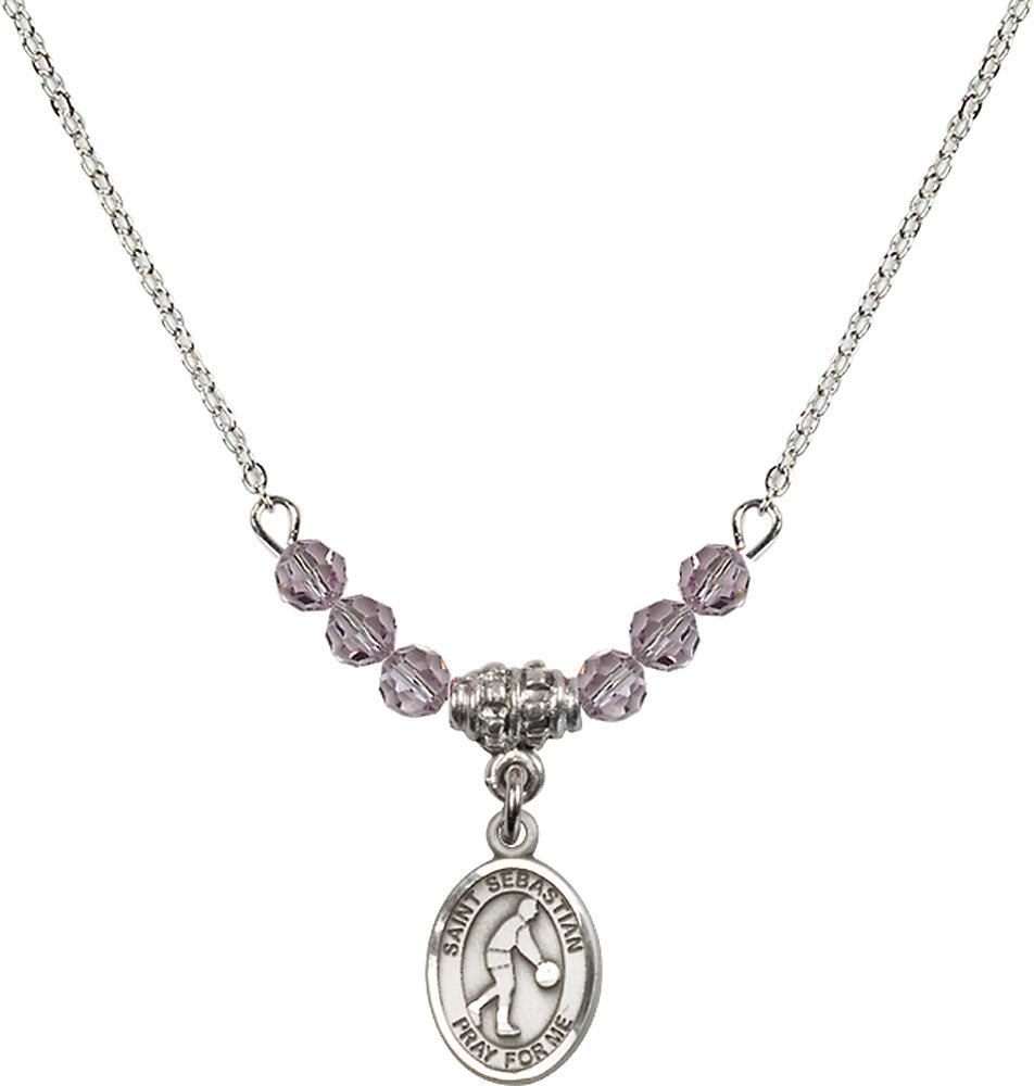 Sterling Silver Saint Sebastian/Basketball Birthstone Necklace with Light Amethyst Beads - 9163